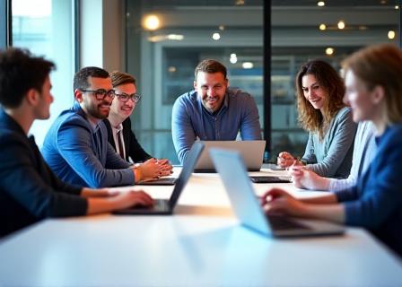 Team collaborating on data dashboard in a bright meeting room